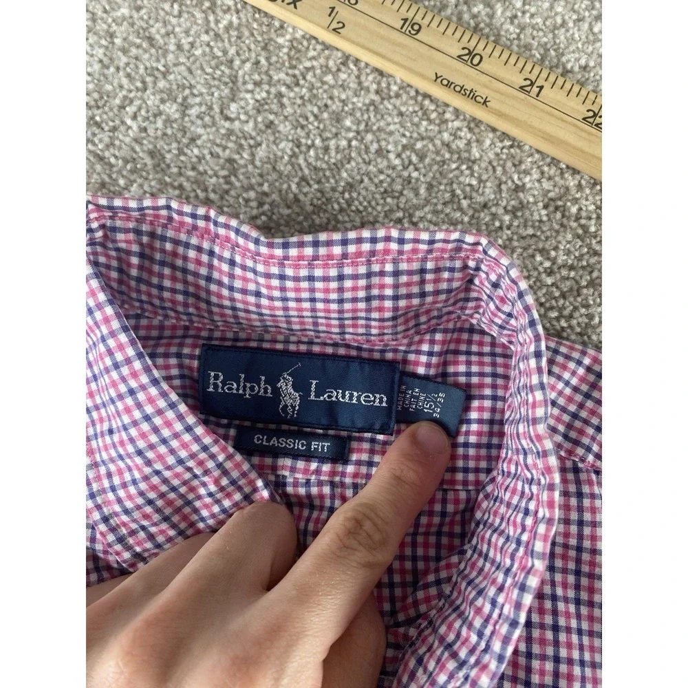 Polo Ralph Lauren Pink/Blue Plaid Gingham Shirt 15.5-34/35 Mens M Cotton Pony